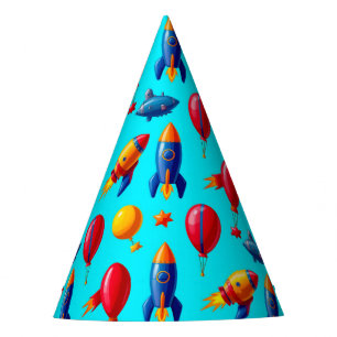 Colourful Rockets, Balloons, Stars, and Submarines Party Hat