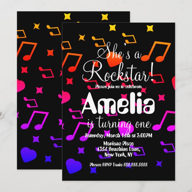 Colourful Rockstar Guitar Star Rock Birthday  Invitation (Front/Back)