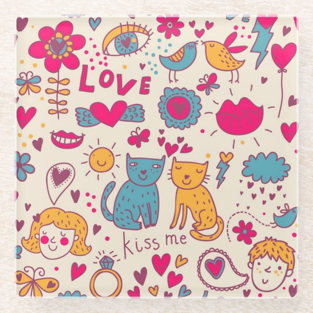 Colourful romantic pattern glass coaster (Front)