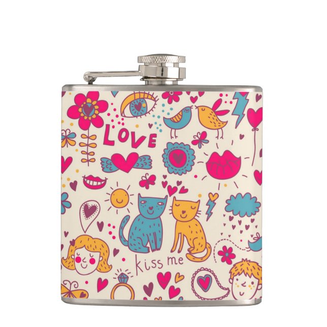 Colourful romantic pattern hip flask (Front)