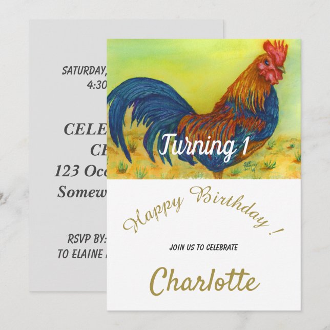 Colourful Rooster 1st Birthday Invitation (Front/Back)