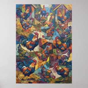 Colourful Rooster and Hen Farmyard Folk Art Poster