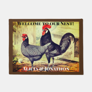 Colourful Rooster and Hen Welcome to our Nest Doormat