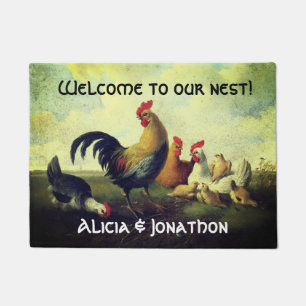 Colourful Rooster and Hens "Welcome to our Nest"  Doormat