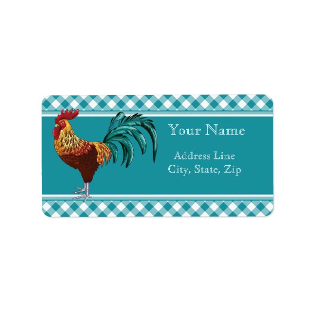 Colourful Rooster and Teal Gingham Label (Front)