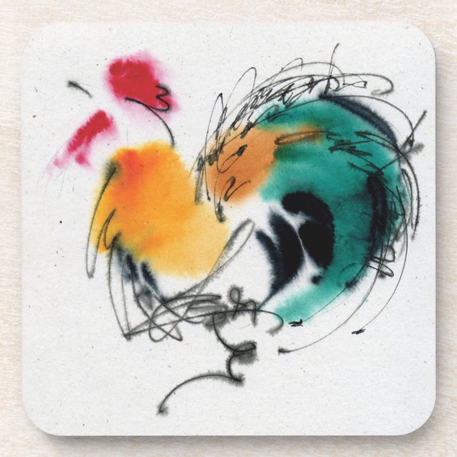 Colourful Rooster. Calligraphy and watercolor. Coaster (Front)