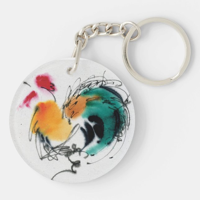 Colourful Rooster. Calligraphy and watercolor. Key Ring (Back)