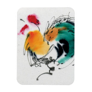 Colourful Rooster. Calligraphy and watercolor. Magnet
