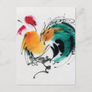 Colourful Rooster. Calligraphy and watercolor. Postcard