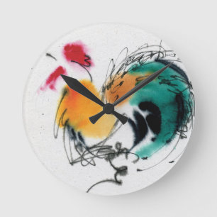 Colourful Rooster. Calligraphy and watercolor. Round Clock
