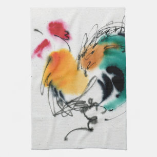 Colourful Rooster. Calligraphy and watercolor. Tea Towel