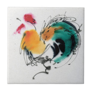 Colourful Rooster. Calligraphy and watercolor. Tile