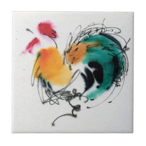 Image of Colourful Rooster. Calligraphy and watercolor. Tile