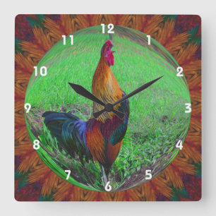Colourful Rooster Crowing Abstract Art Square Wall Clock