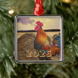 Colourful Rooster Crowing, Hay Bale, Field Metal Tree Decoration