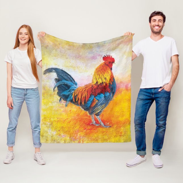 Colourful Rooster Digital Art Oil Painting Fleece Blanket (In Situ)