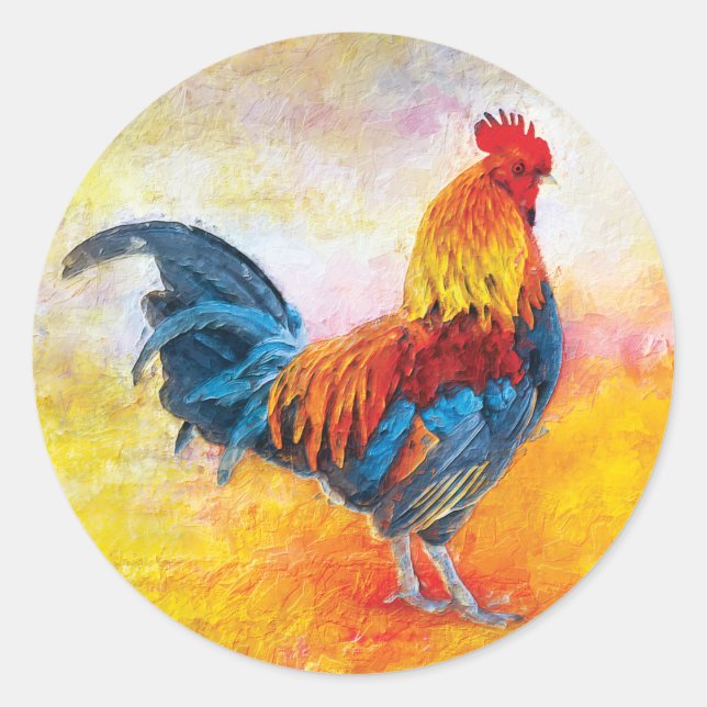Colourful Rooster Digital Art Painting Classic Round Sticker (Front)