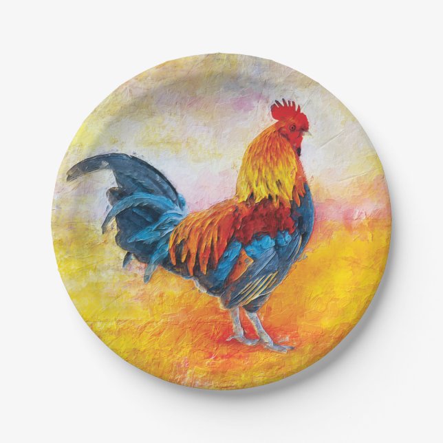 Colourful Rooster Digital Art Painting Paper Plate (Front)