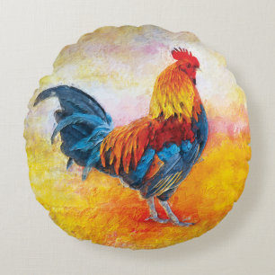 Colourful Rooster Digital Art Painting Round Cushion