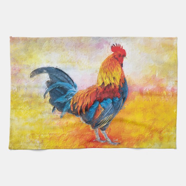 Colourful Rooster Digital Art Painting Tea Towel (Horizontal)