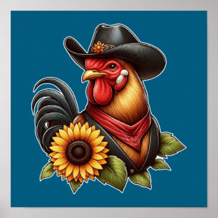 Colourful Rooster in Cowboy Hat with Sunflower  Poster