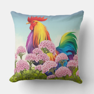 Colourful Rooster In Verbena Garden Cushion