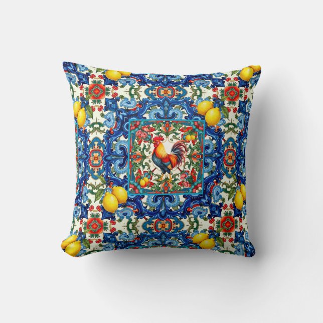 Colourful rooster,Mediterranean,mosaic,lemon, Cushion (Front)