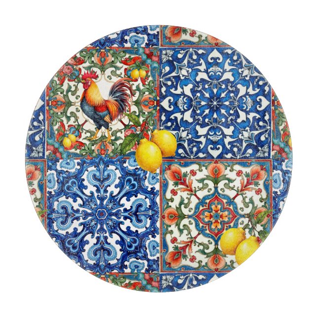 Colourful rooster,Mediterranean,mosaic,lemon, Cutting Board (Front)