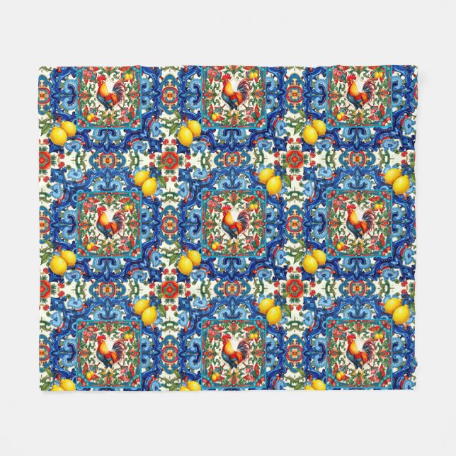 Colourful rooster,Mediterranean,mosaic,lemon, Fleece Blanket (Front (Horizontal))