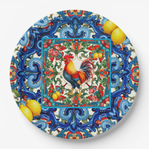 Colourful rooster,Mediterranean,mosaic,lemon, Paper Plate