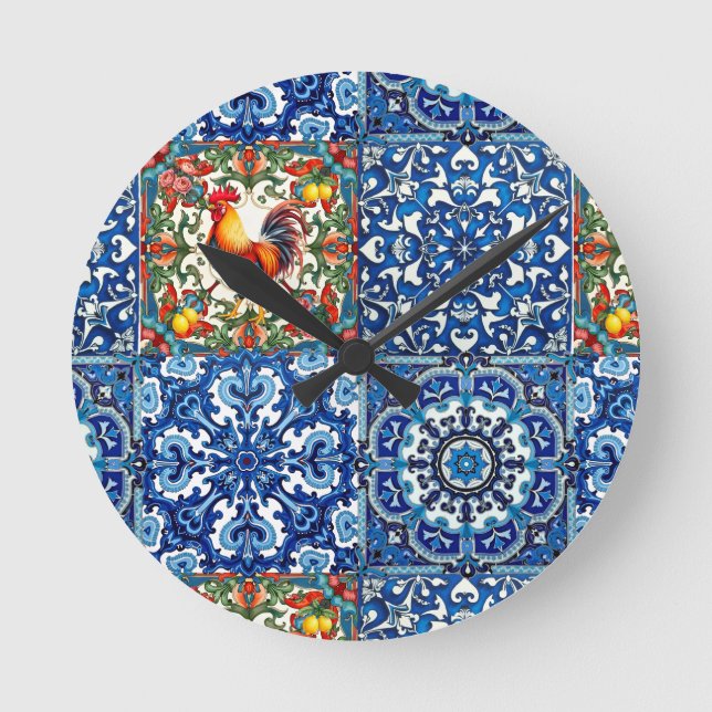 Colourful rooster,Mediterranean,mosaic,lemon, Round Clock (Front)