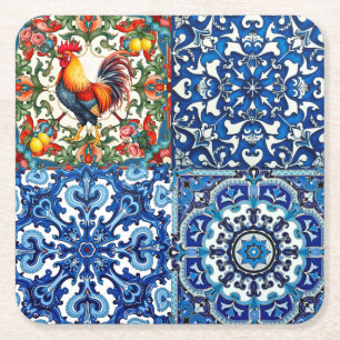 Colourful rooster,Mediterranean,mosaic,lemon, Square Paper Coaster