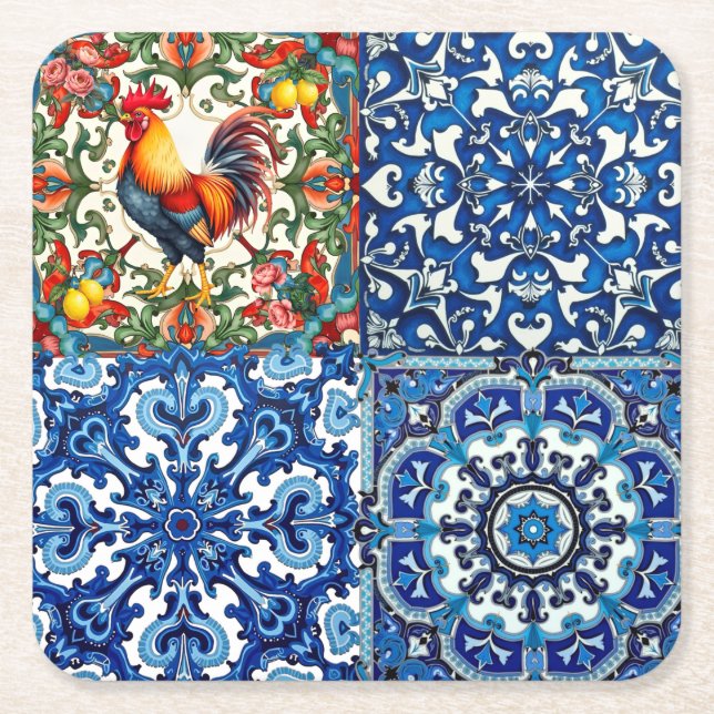 Colourful rooster,Mediterranean,mosaic,lemon, Square Paper Coaster (Front)