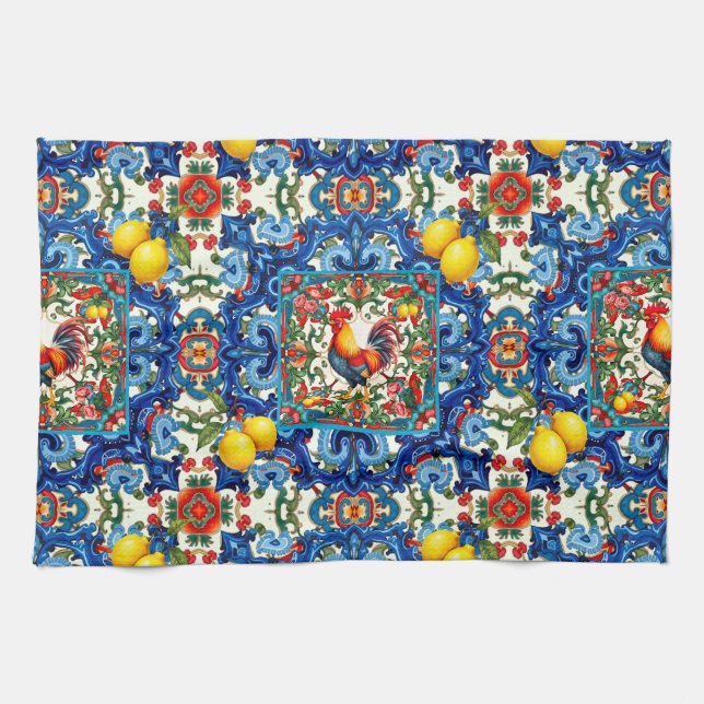 Colourful rooster,Mediterranean,mosaic,lemon, Tea Towel (Horizontal)