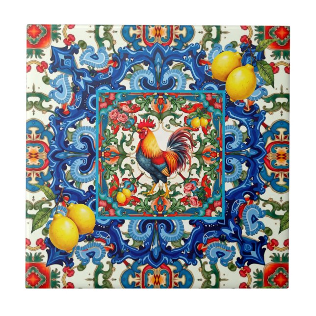 Colourful rooster,Mediterranean,mosaic,lemon, Tile (Front)