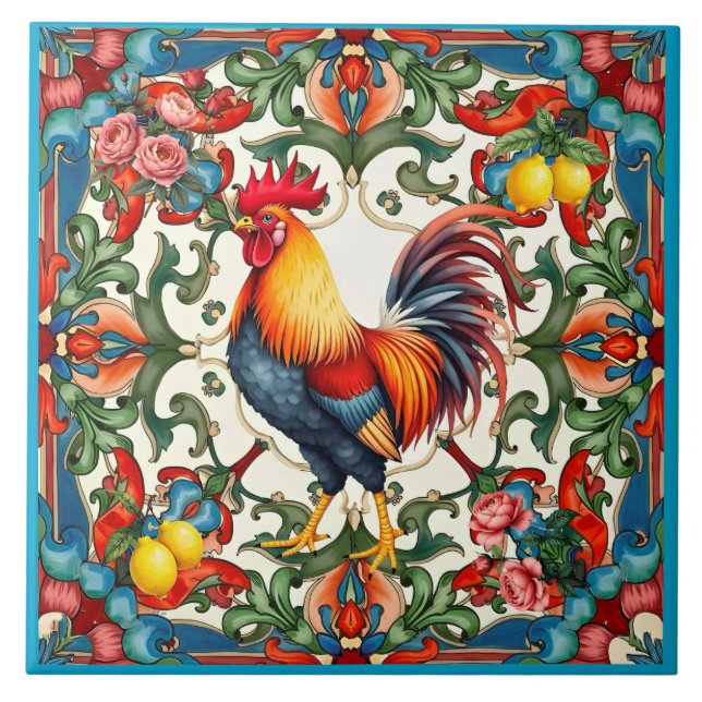 Colourful rooster,Mediterranean,mosaic,lemon, Tile (Front)