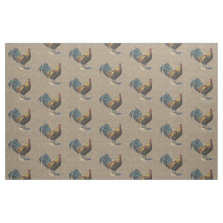 Colourful Rooster On Faux Jute Burlap Pattern Fabric
