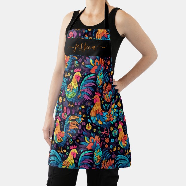 Colourful rooster pattern script name apron (Insitu)
