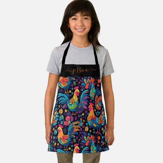 Colourful rooster pattern script name girls apron (Insitu)