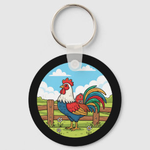 Colourful Rooster Rural Farm Rn Sunrise Scene Key Ring