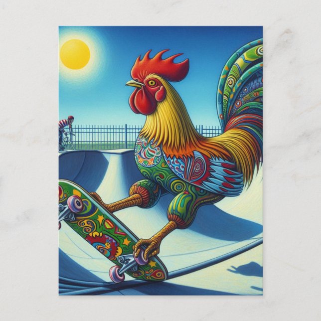 Colourful Rooster Skateboarding Postcard (Front)
