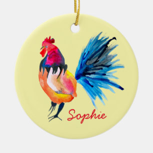 Colourful rooster watercolor animal ceramic tree decoration