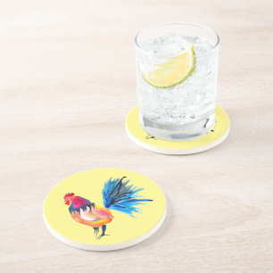 Colourful rooster watercolor animal coaster