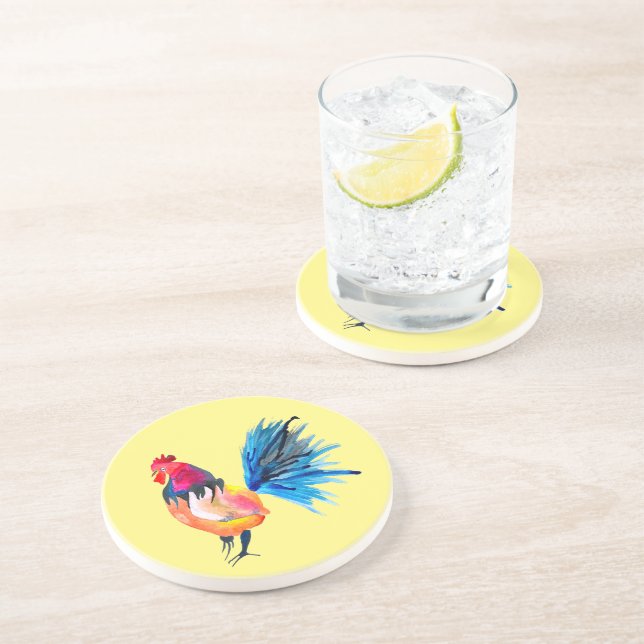 Colourful rooster watercolor animal coaster (Side)