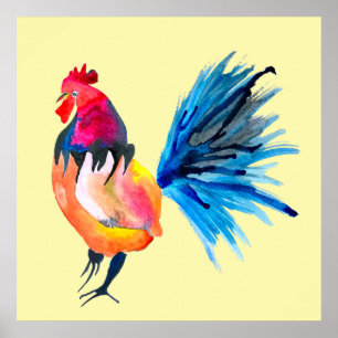 Colourful rooster watercolor animal poster