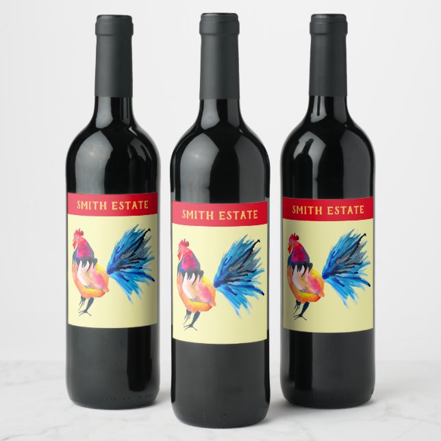 Colourful rooster watercolor animal wine label (Bottles)