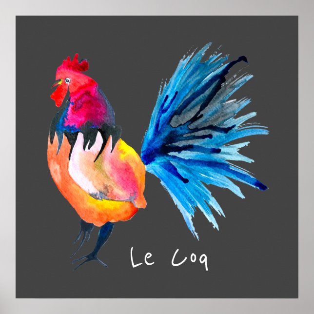 Colourful rooster watercolor Le Coq animal poster (Front)