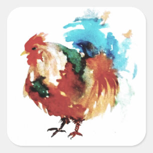 Colourful Rooster Watercolour Chickens Square Sticker