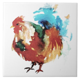 Colourful Rooster Watercolour Chickens Tile