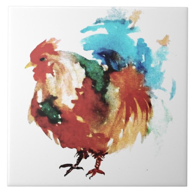 Colourful Rooster Watercolour Chickens Tile (Front)